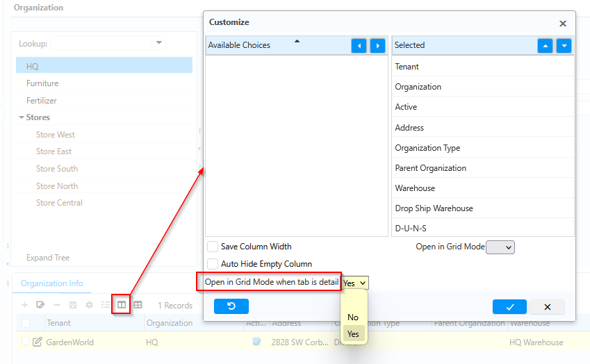 Customize Grid dialog