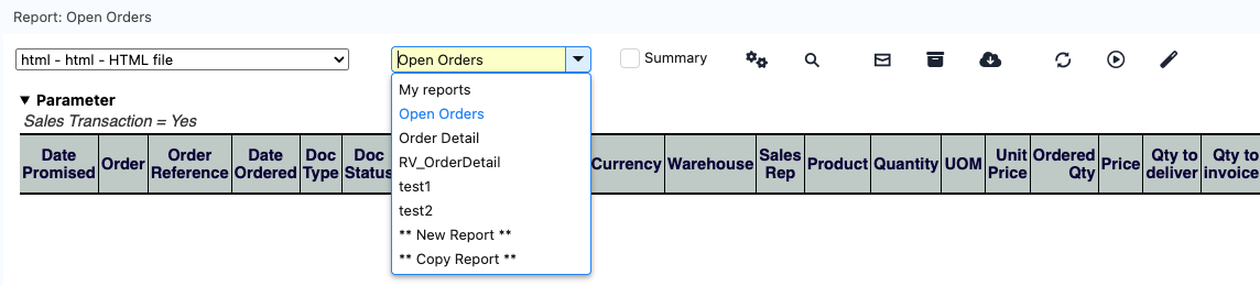 Report viewer with the print format combo box open
