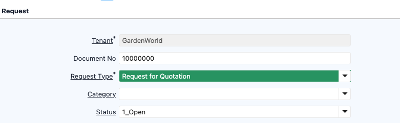 Request window with the Request Type field coloured by its Request Type
