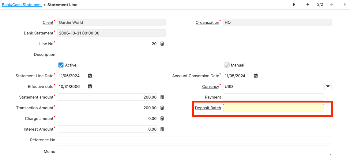 Deposit Batch field
